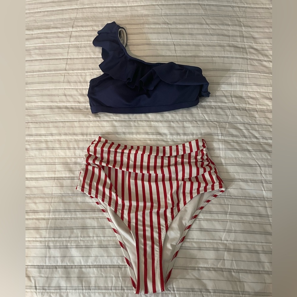 Cupshe One Shoulder Red, White, and Blue Bikini